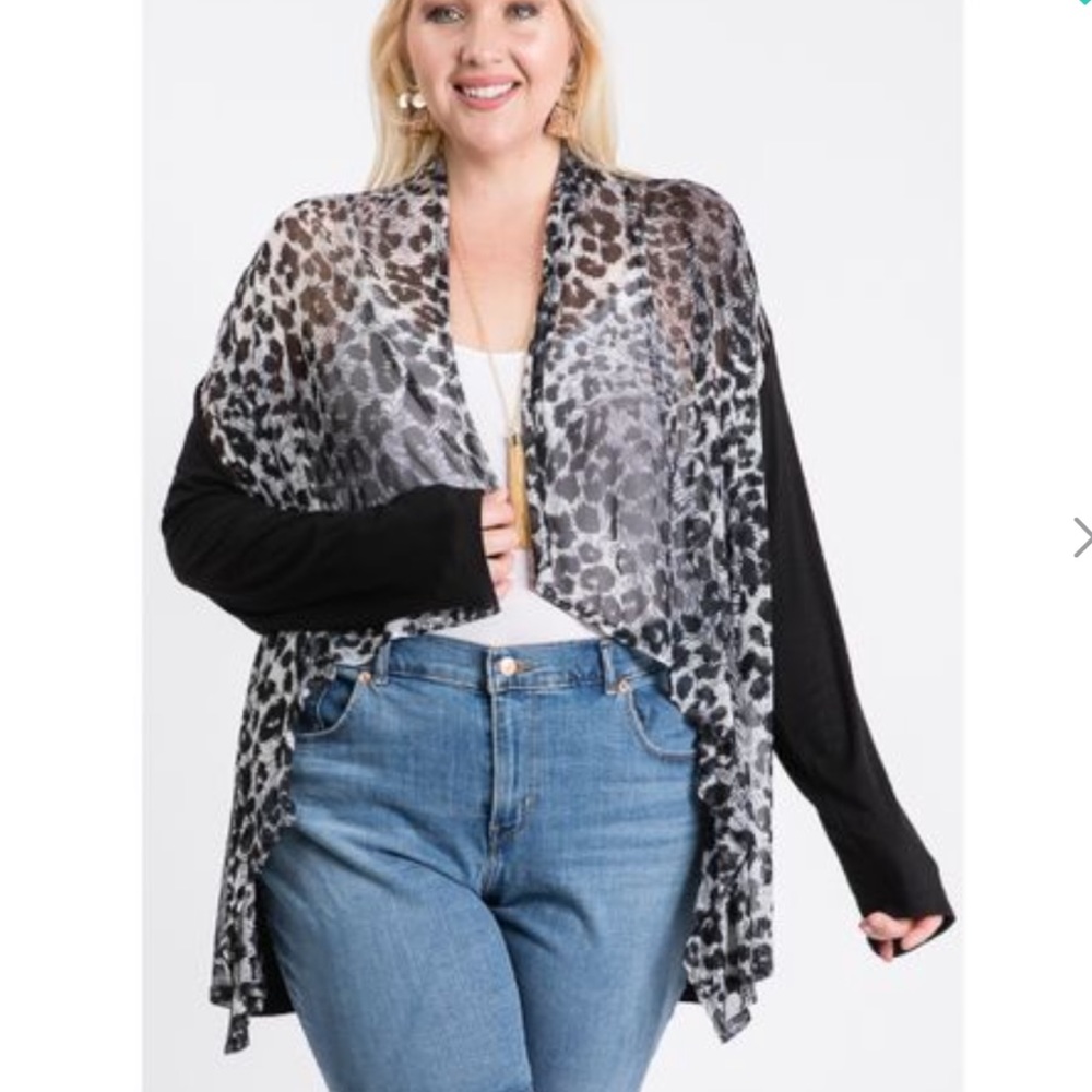 Size 1x- 2x Leopard print accent cardigan.  Black and gray. - Picture 2 of 3